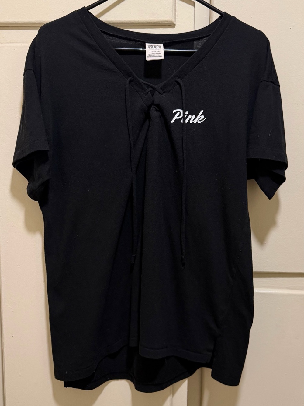 PINK Victoria's Secret Black Lace-Up V-Neck Tee with White PINK Logo